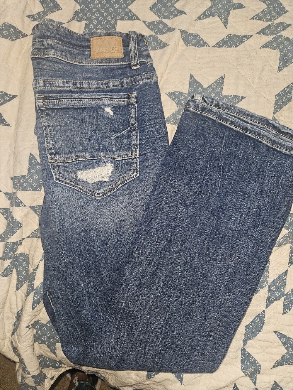 BKE Women's Medium Blue Bootcut Jeans with Back Pocket Distress